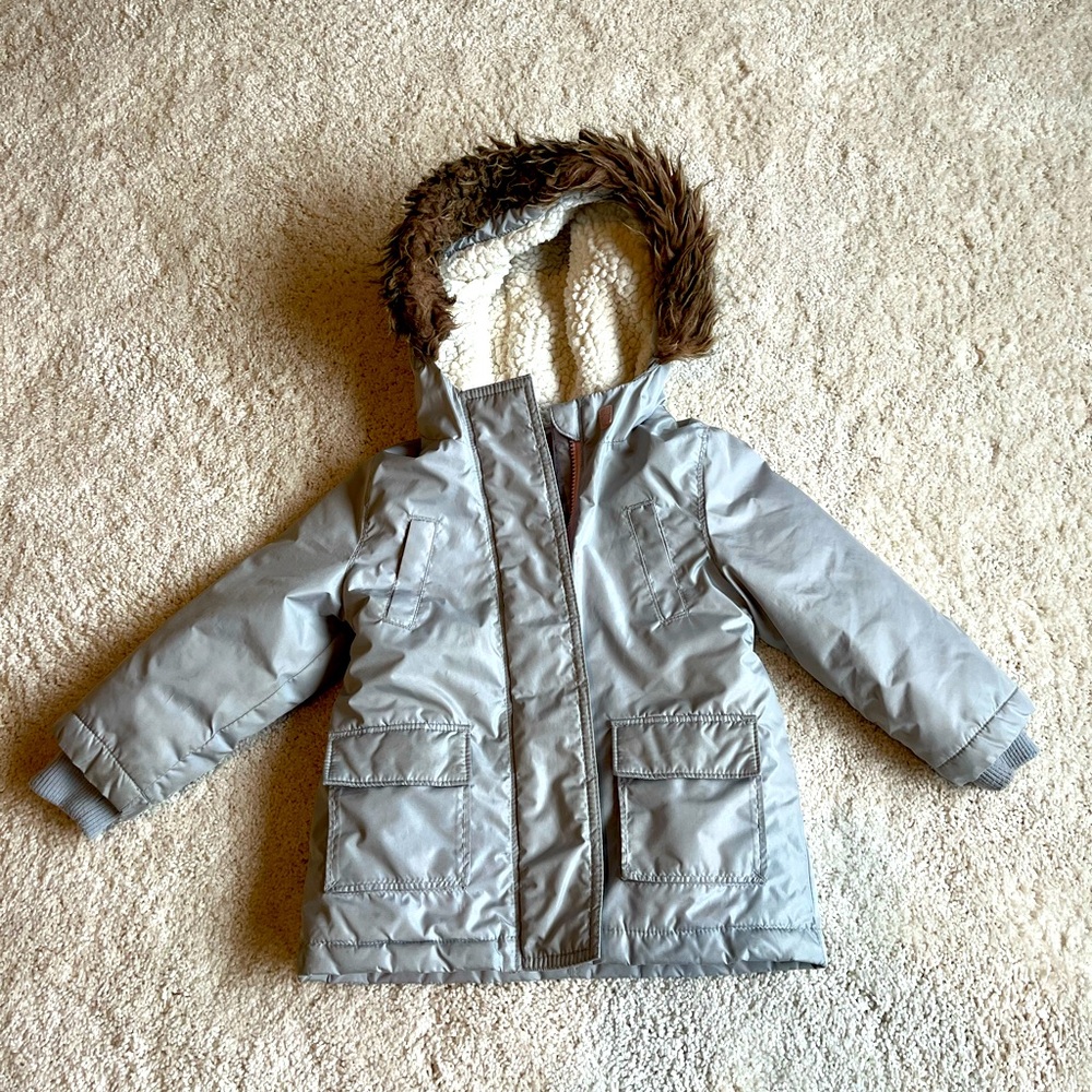 Toddler Girls Gray Hooded Winter Coat with Faux Fur Trim Hood